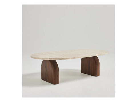 Table Basse VALERIA – Plateau en Travertin & Socles en Bois Noyer