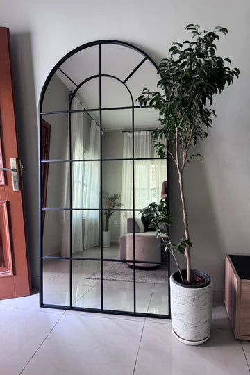 Miroir Arqué Noir avec Cadre à Grille – Grand Format 200×100 cm