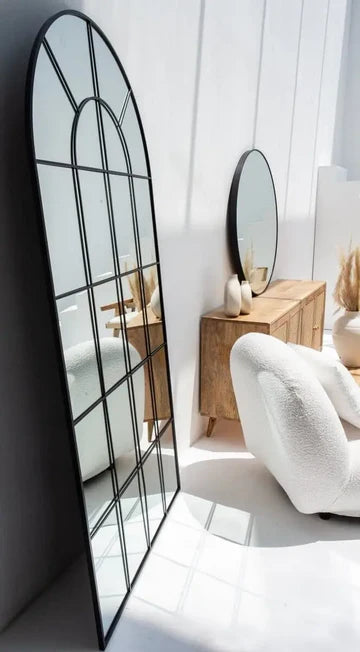Miroir Arqué Noir avec Cadre à Grille – Grand Format 200×100 cm