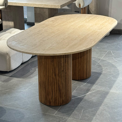 Table à Manger en Travertin Premium & Bois Massif – Design Naturel d’Exception | SEQUORA