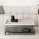 Table basse design en métal noir et travertin – Collection Noctara