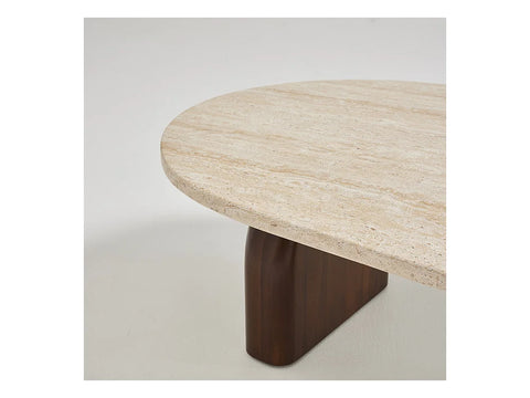 Table Basse VALERIA – Plateau en Travertin & Socles en Bois Noyer