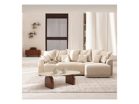 Table Basse VALERIA – Plateau en Travertin & Socles en Bois Noyer