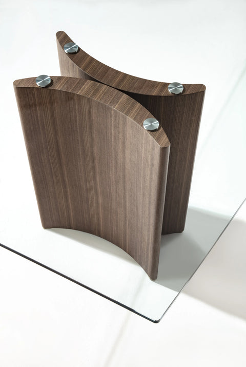 Table LINVIA – Plateau en Verre Trempé & Socle en Bois Plaqué Noyer