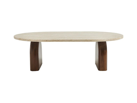 Table Basse VALERIA – Plateau en Travertin & Socles en Bois Noyer